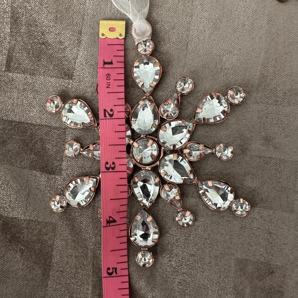 Clear Rhinestone Gem Rose Gold Tone Snowflake Ornaments Set Of 3 Christmas Shiny